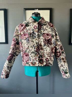 Floral jean jacket, handcrafted from secondhand upholstery fabric, ladies' M L